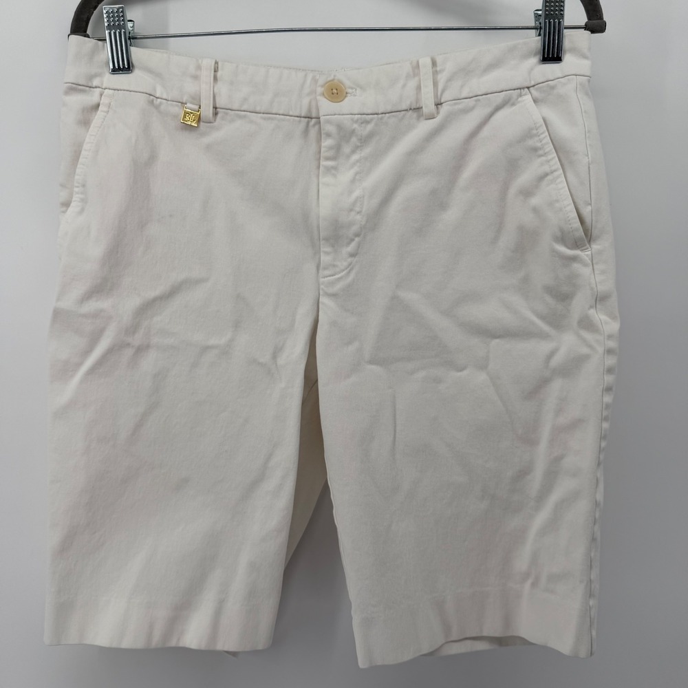 Lauren Ralph Lauren Shorts Womens 8 Cream Chino Bermuda Stretch Logo Mid Rise
